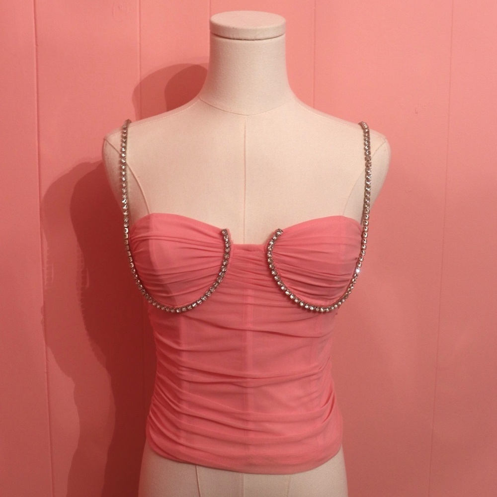 Pink Bustier Top with Rhinestone Chain Straps - Picture 2 of 5